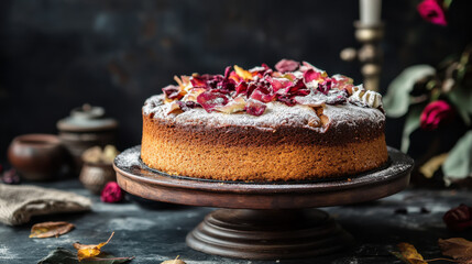 Autumnal spiced cake with powdered sugar and flora adornments and decorations