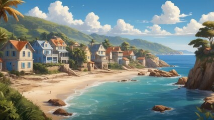Fototapeta premium Coastal Village with Beach and Ocean under Sunny Sky