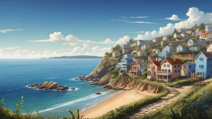 Naklejka premium Coastal Village with a Sandy Beach and Stone Pathway