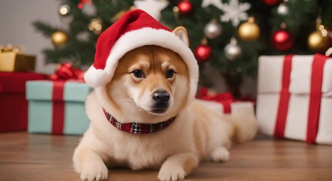 Akito inu dog in sweater Christmas tree and gift boxes 4k animation