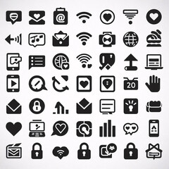 Grid of diverse black icons on white background. Generative AI