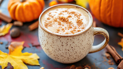 Autumnal spiced beverage, cozy and warm drink, spices and rustic serving, orange pumpkin nearby