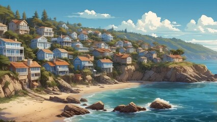 Fototapeta premium Coastal Village with Houses on a Cliffside Overlooking the Sea