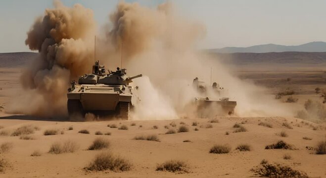 Military armored vehicle crosses minefields and smoke in the desert 4k animation