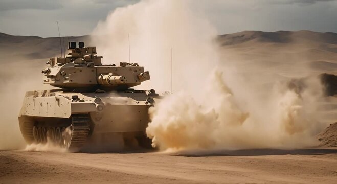 Military armored vehicle crosses minefields and smoke in the desert 4k animation