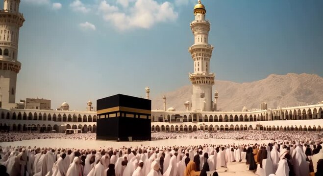 Muslim pilgrims circumambulate the Kaaba at Masjidil Haram in Makkah 4k animation