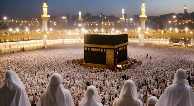 Muslim pilgrims circumambulate the Kaaba at Masjidil Haram in Makkah 4k animation