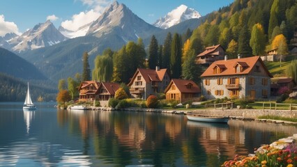 Naklejka premium Picturesque Village Nestled Among Majestic Mountains and a Tranquil Lake