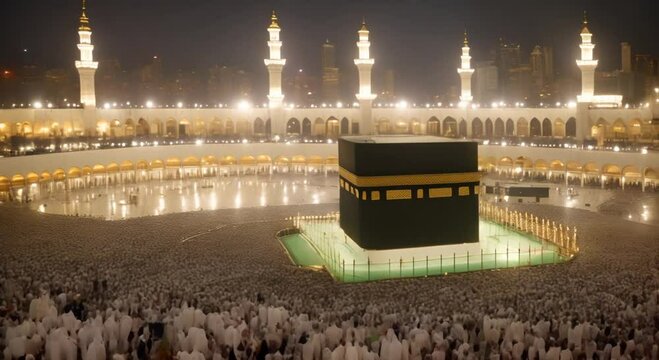 Muslim pilgrims circumambulate the Kaaba at Masjidil Haram in Makkah 4k animation
