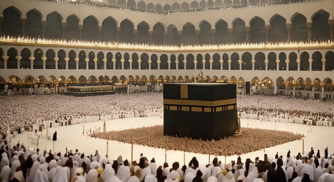 Muslim pilgrims circumambulate the Kaaba at Masjidil Haram in Makkah 4k animation
