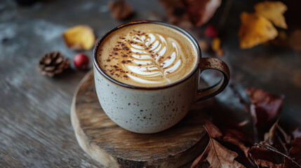 Autumnal spiced beverage with decorative cream and milk foam, cozy and warm drink, spices and rustic serving coaster