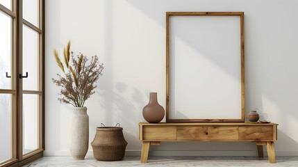 Cinematic poster within a wooden frame placed in a minimalist room setting  AI generated illustration