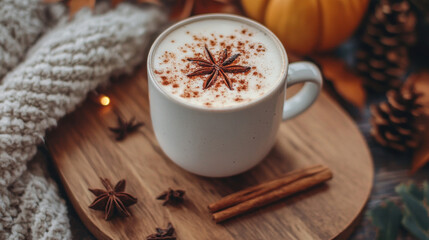 Autumnal spiced beverage, cozy and warm drink, spices and rustic serving platter with cozy fabrics, pinecones and pumpkins next to it 
