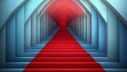 Fototapeta premium Red Carpet Stairs Leading Through a Blue and Red Arched Tunnel