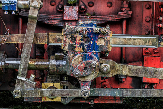 Europe, Romania. Moldovita, old steam train. Piston and coupling rods.