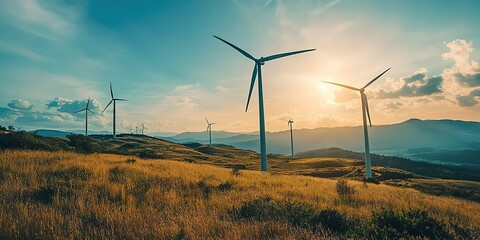 Obraz premium Panoramic view of wind farm or wind park with high wind turbines for generation electricity, Wind Energy And Technology, Green energy concept 