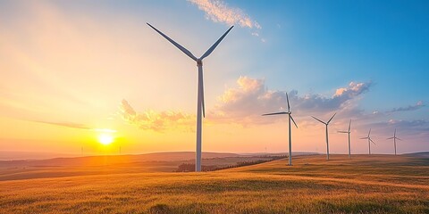 Obraz premium A row of wind turbines in a field with the sun setting behind them