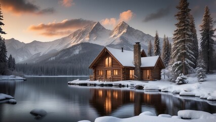 Fototapeta premium Cozy Log Cabin on a Snowy Lake in the Mountains at Sunset