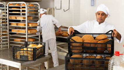 Portrait of male baker holding plastic crate with freshly baked bread in bakery