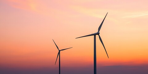 Fototapeta premium Two wind turbines standing tall against the backdrop of an orange and pink sky, their blades spinning gracefully in harmony with nature's power