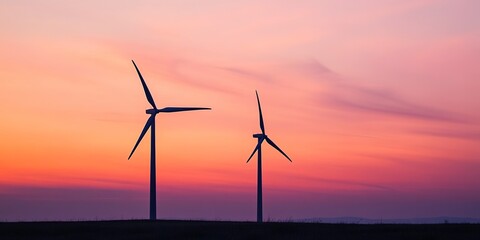Fototapeta premium Two wind turbines standing tall against the backdrop of an orange and pink sky, their blades spinning gracefully in harmony with nature's power.