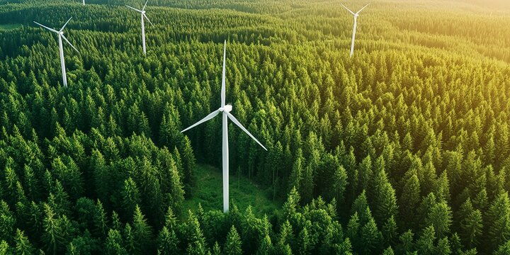 Majestic wind turbines scattered throughout lush green forest landscape