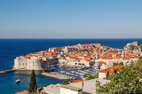 Croatia. Dalmatia. Dubrovnik. View of the old town and harbor in Dubrovnik.