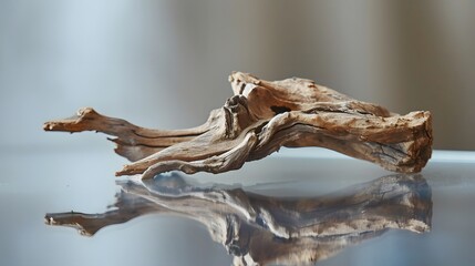 Fototapeta premium Close up shot of a small piece of driftwood on a clear glossy tabletop AI generated illustration