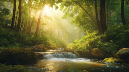 Obraz premium Serene Natural Beauty with Lush Forests Flowing Rivers and Soft Sunlight in Vibrant Nature Scene