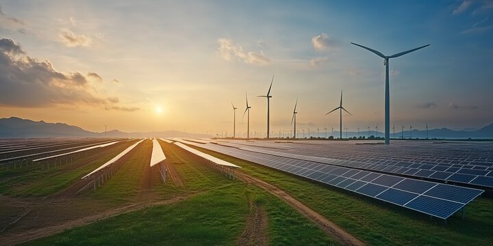 A renewable energy farm with rows of wind turbines and solar pannels
