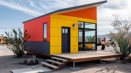 Fototapeta premium Close-up of a colorful tiny house maintained in minimalistic design style located in a desert setting AI generated illustration