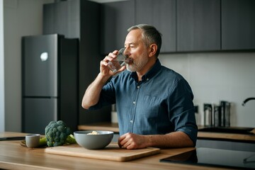 A man is drinking water while sitting at a table with a bowl of broccoli