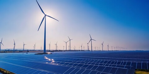 A field filled with rows of wind turbines and solar panels under a clear blue sky, generating renewable energy