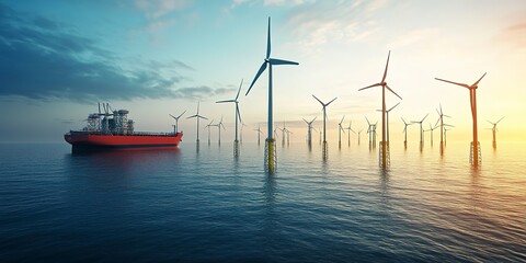 Off shore wind energy power plant grid with vessel for servicing or observation