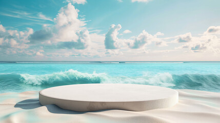 A white podium in a tropical paradise unfolds with a white sand beach meeting the turquoise sea under a summer sky, a perfect island product 