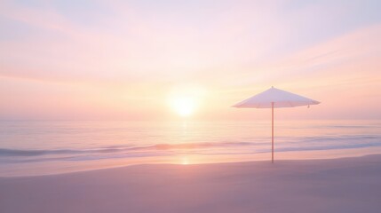 A beach scene with a white umbrella and a sunset in the background