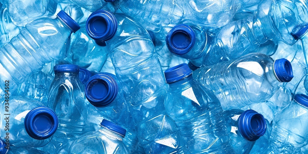 Poster A pile of blue plastic water bottles with caps, showcasing waste and recycling concepts on a white background