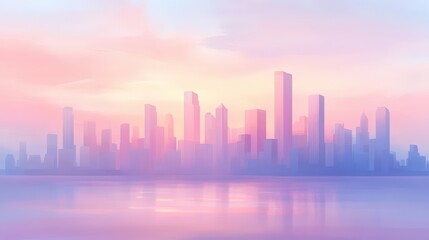 Fototapeta premium A city skyline with a pink and purple sky in the background