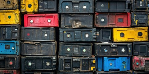 Obraz premium Used car battery packs stacked for disposal, battery waste, recycling initiative 