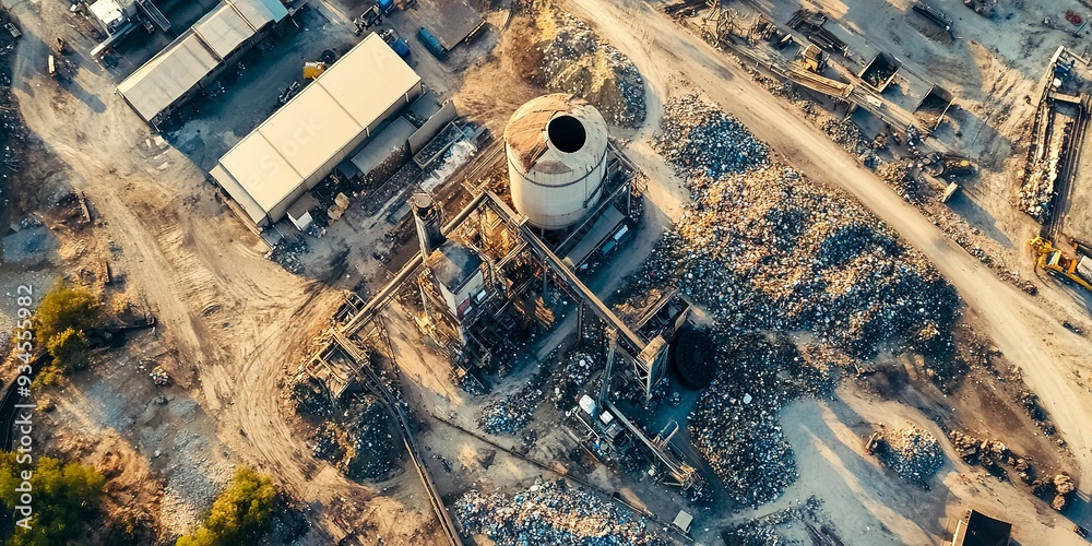 Poster Aerial view of a recycling plant, representing waste management