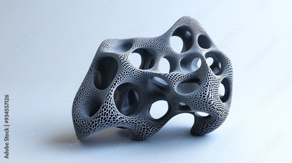 Fototapete an abstract, 3d rendering of a gray, organic structure with holes.