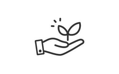 手のひらに乗せた若葉マークの線画アイコン(モノクロ)