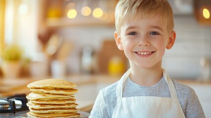 A young boy is smiling and holding a stack of pancakes