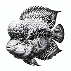 Black and white flower horn fish illustration on white background