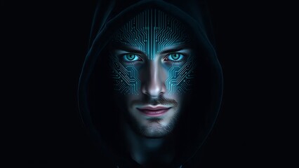 portrait of a hacker with a digital mask