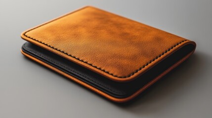 A tan leather wallet with a black lining sits on a gray surface. The wallet is open and ready to be used