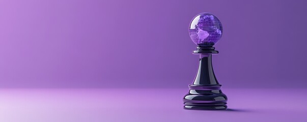 Chess piece with a globe icon on a purple isolated background symbolizing strategic job search worldwide, Close-up shot, 3D Blender Style, studio lighting