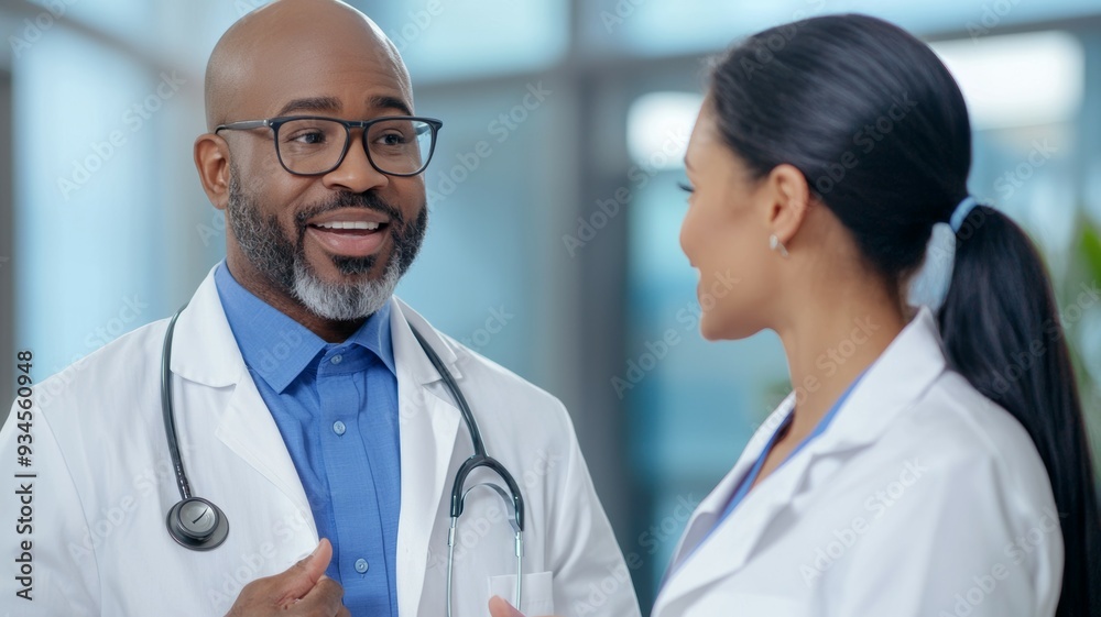 Poster Two doctors are talking to each other in a hospital setting