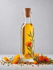 A clear glass bottle of light golden safflower oil stands upright on a plain white background, surrounded by a few vibrant safflower petals and scattered seeds