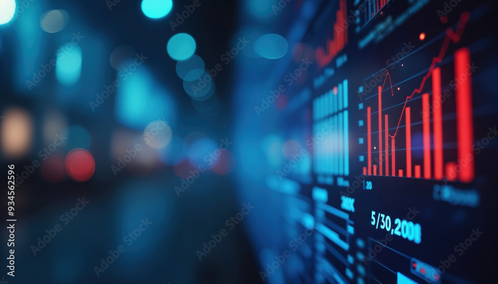 Poster red and blue financial graph with data points: digital image of a financial graph with red and blue 